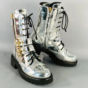 GIUSEPPE ZANOTTI Size 6 Metallic Silver Leather Belted Side Zipper Boots
